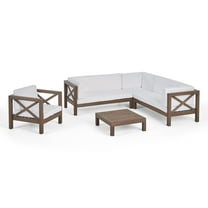 Timothy Outdoor 6 Seater Acacia Wood Sectional Sofa and Club Chair Set, Gray Finish, White