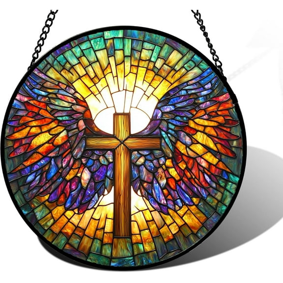 Stained Glass Window Hanging - Jesus Cross Wings Suncatcher Ready to Hang Window Doors Home Decoration and Christmas, Mother's Day Birthday Gifts for Women, Men, and Mom