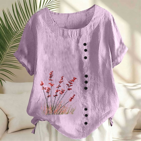 Vmvidoty Womens Cotton Linen T Shirts Blouses Crew Neck Short Sleeve Solid Basic Tops Purple M