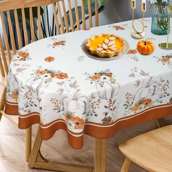 Fall Tablecloth Oval 60x120 Inch, Autumn Pumpkin Floral Thanksgiving Harvest Table Cloth Cover for Party Picnic Dinner Decor
