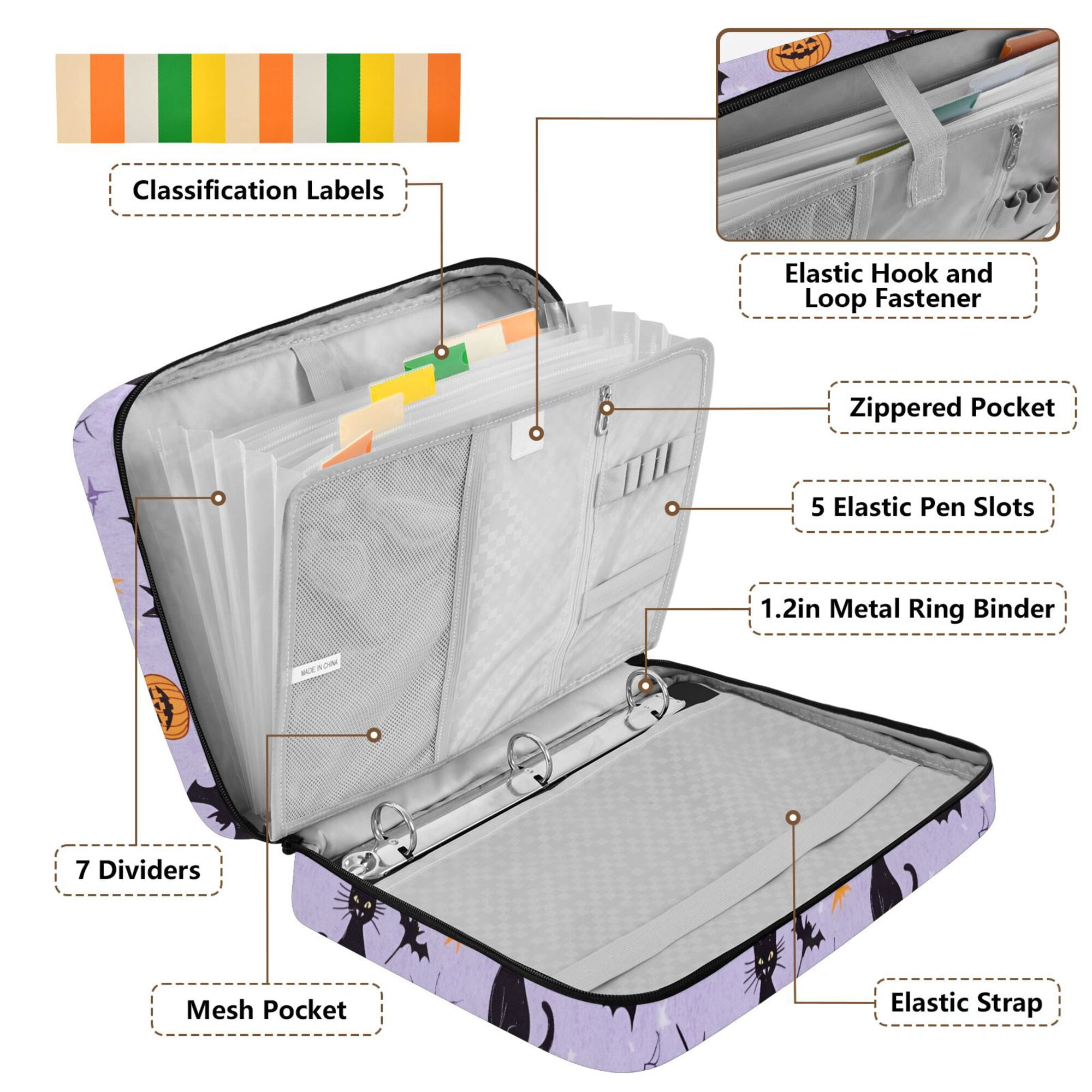 FORMRS Accordion File Folder A4 Size 7-Pocket Expanding Document Organizer Bag with 3 Ring Binder, Purple Halloween Pumpkin