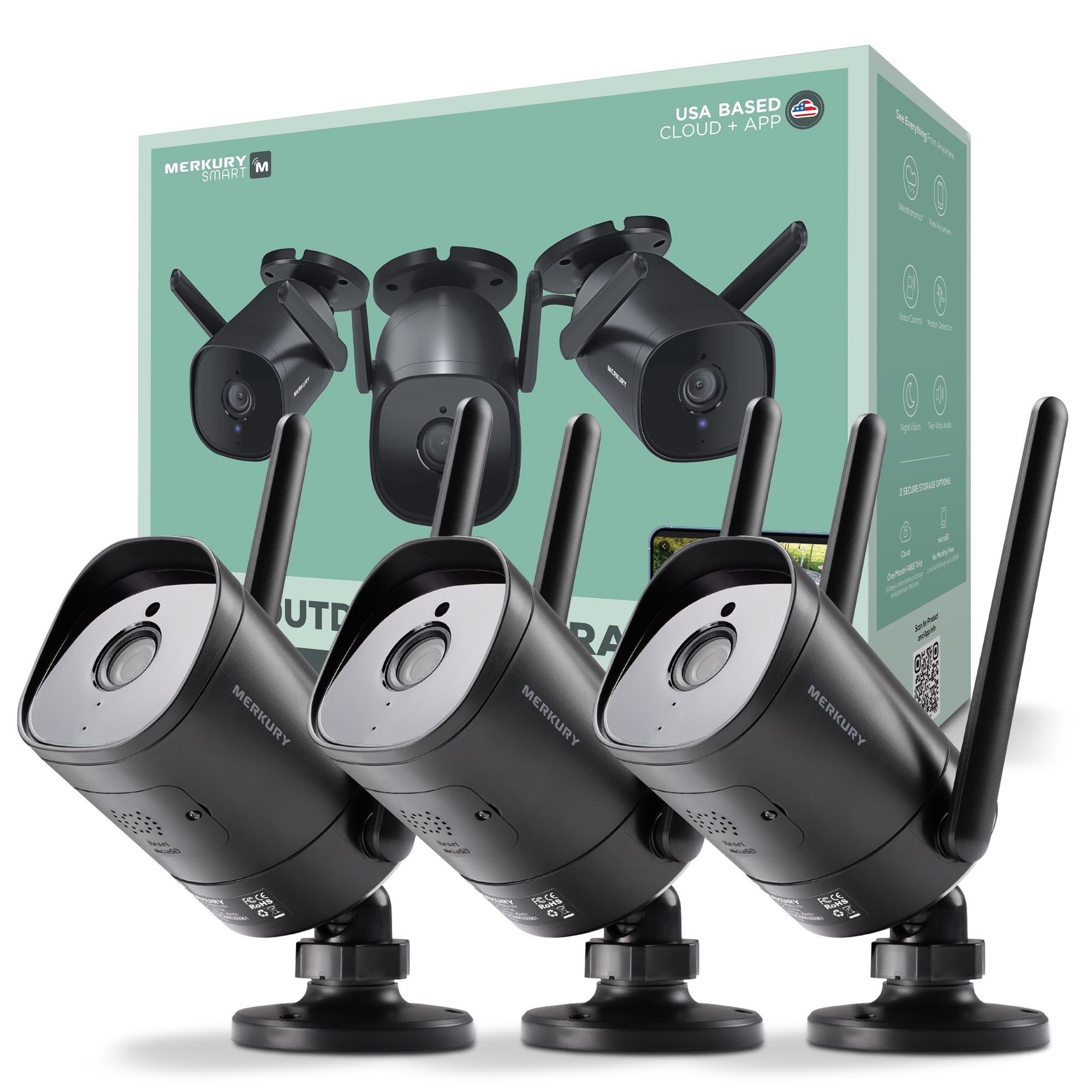 Merkury Smart Outdoor Camera 1080p - Wired Surveillance System, Black (3-Pack)