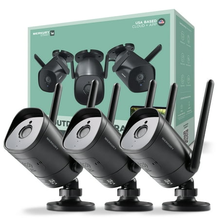 Merkury Smart Outdoor Camera 1080p - Wired Surveillance System, Black (3-Pack)