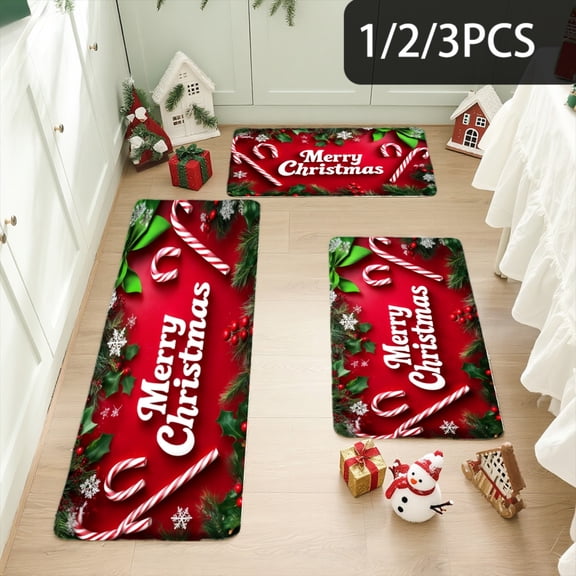 3PCS Kitchen Mat set, Welcome Door Flannel Rug,Home Decor for Front Door,Kitchen, Bathroom, Merry Christmas Candy Cane Pattern ,Great Christmas Housewarming gift for Family and Friends.