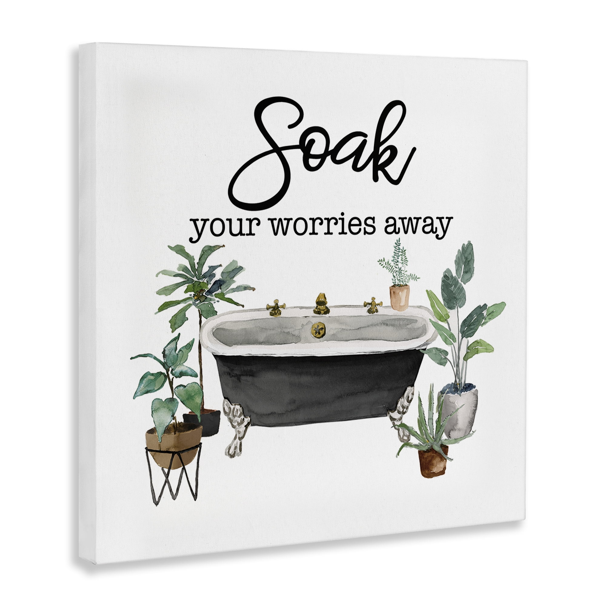 Stupell Industries Soak Worries Away Plants Bath & Laundry Painting Wrapped Canvas Art Print Wall Art, 17 x 17