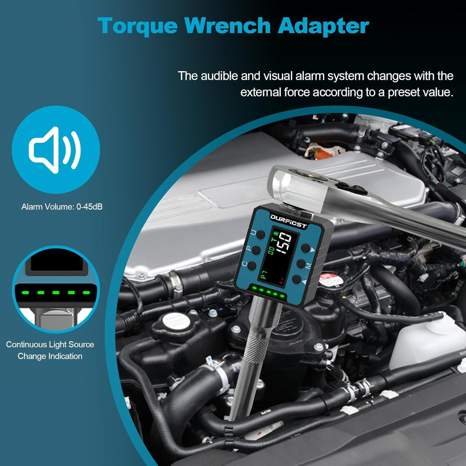 DURFICST Digital Torque Wrench, 1/2" Digital Torque Adapter with Backlight/Alarm, Electronic Torque Wrench Converter with ±2% Accuracy, Range 6-200 N.m,Buzzer and LED Indicator, for Automotive Repair