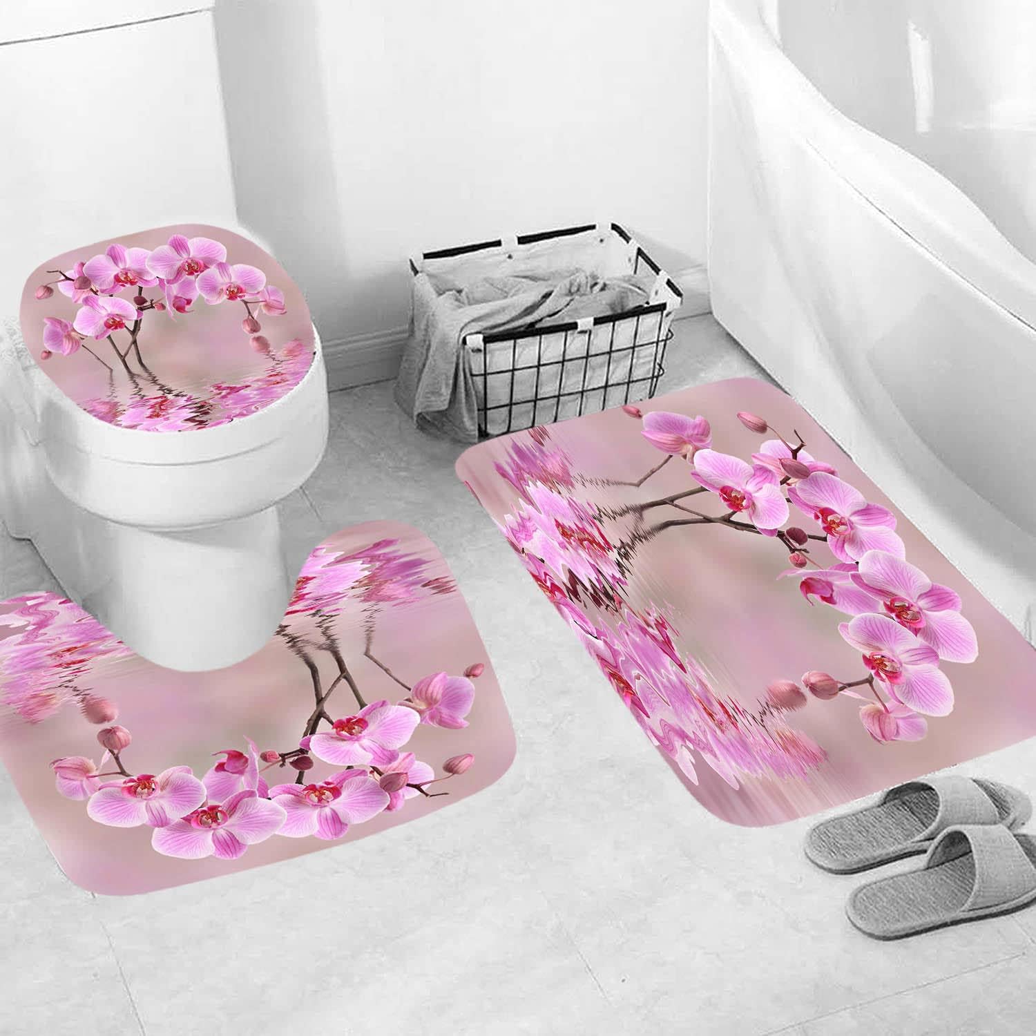 Bathroom Sets with Shower Curtain and Rugs, Toilet Lid Cover, Bath Mat, 4PCS Purple Rose Butterfly Shower Curtains for Bathroom, Romantic Flower Shower Curtains Set for Bathroom Decor