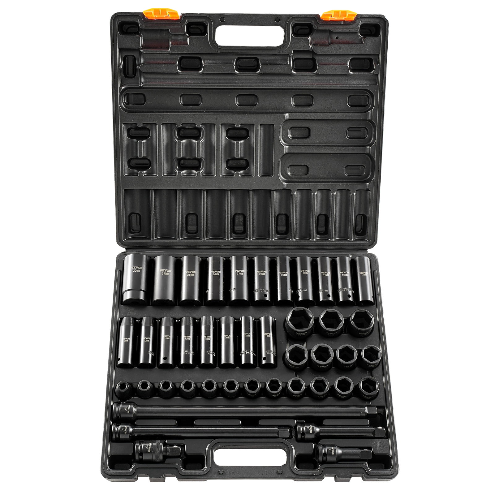 KFFKFF 1/2" Impact Socket Set, 43 Pcs, Includes Standard & Deep Sockets, Metric Sizes 9-30mm, 6-Point Design