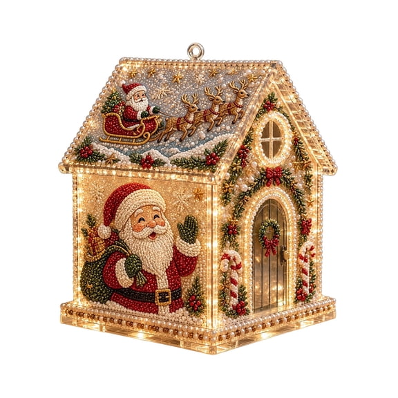 Christmas House Pearl Art Kit with LED Lights, Diy Bead Craft for Adults and Festive Tabletop Ornament Decor