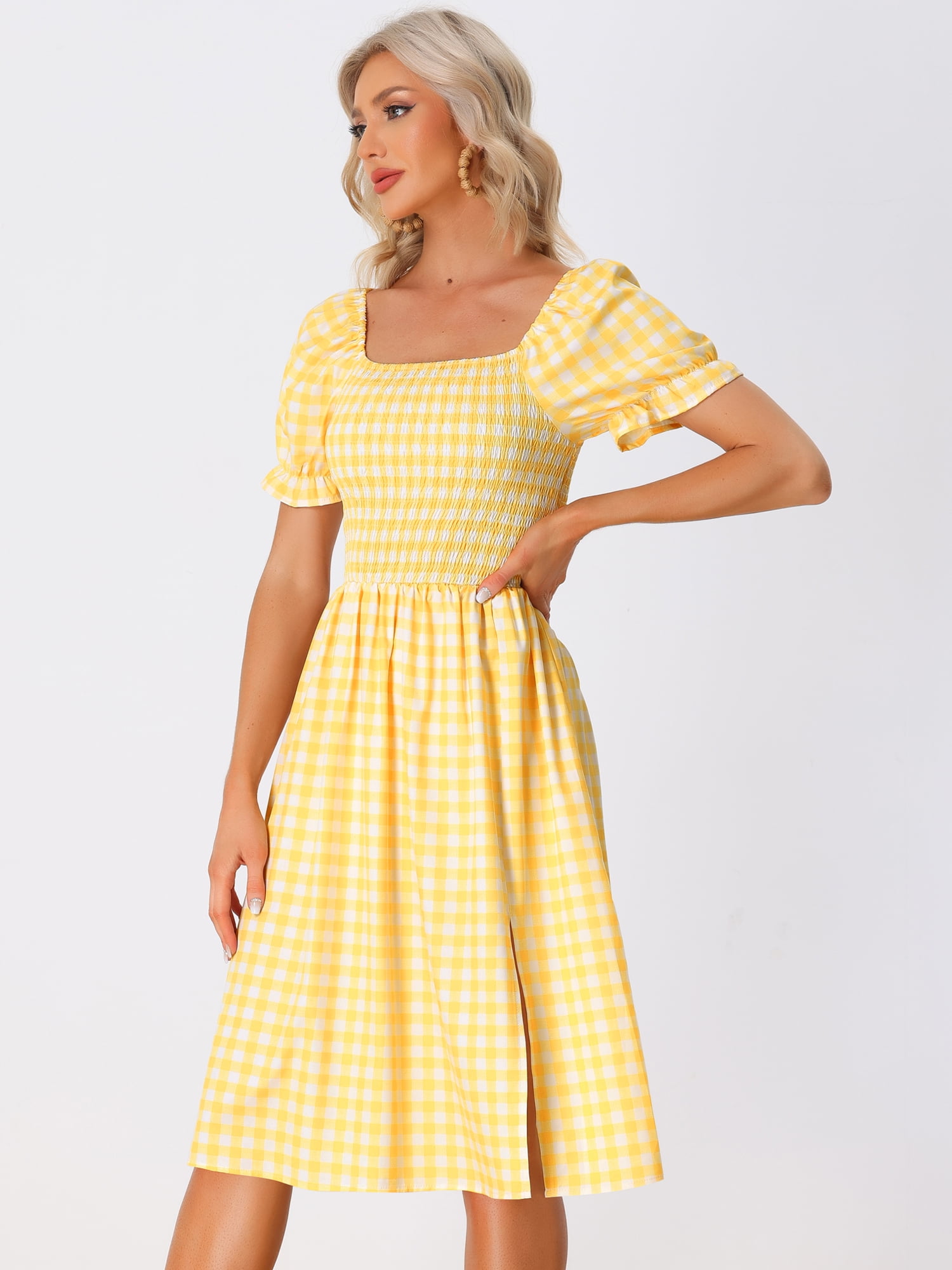 Unique Bargains Women's Gingham Short Sleeve Casual Plaid Smocked Dress S Yellow