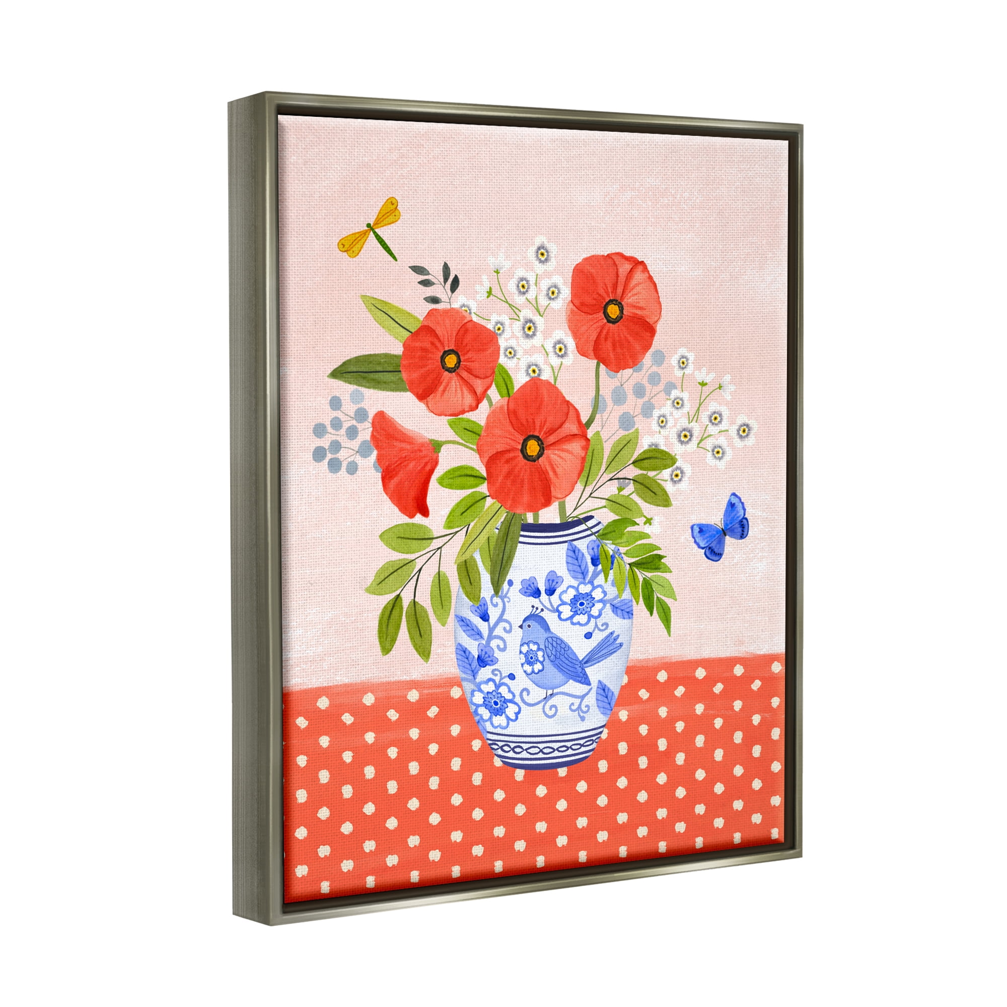 Stupell Industries Bright Bouquet on Polka Dots Botanical & Floral Painting Gray Floater Framed Canvas Art Print Wall Art, 17 x 21
