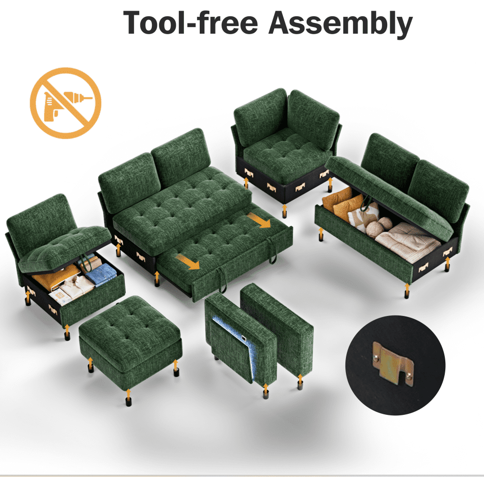 7-Seat Modular Sectional Sofa with Pull-Out Bed, Reclining Backrest, USB Ports, Table, LED Lights & Storage Seats – Tool-Free Assembly, Comfortable Living Room Furniture Green