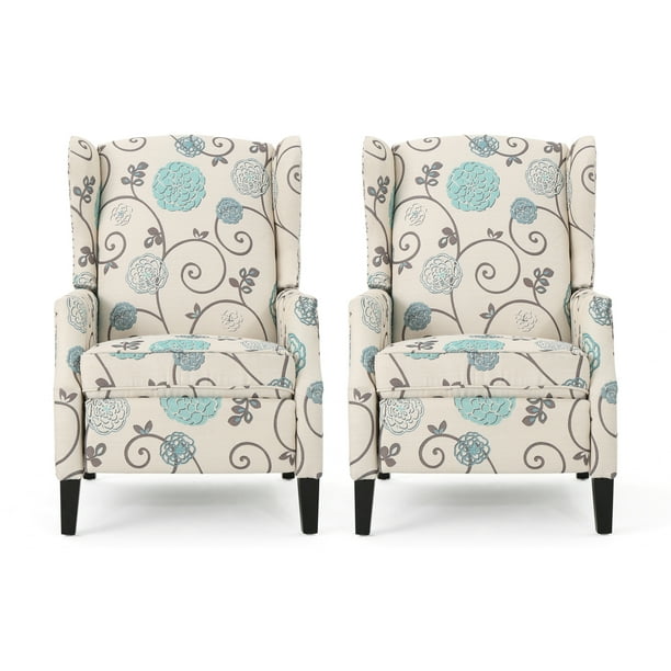 Noble House Demi Wingback Fabric Recliner, Set of 2, Light Beige, Blue