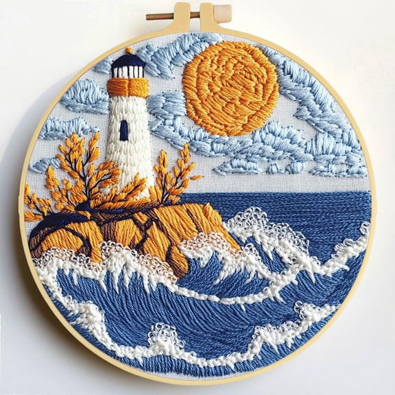 Punch Needle Kits Lighthouse and Sea Embroidery Starter Set with Hoop Easy for Beginners DIY Stress Relief Handmade Craft Hobby and Home Decor 20x20cm-2