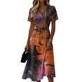 thumbnail image 2 of Womens Halloween Dresses Bat Witch Hat Short Sleeve Funny Sundress Pumpkin Ghost V Neck Horror Midi Dresses, L, 2 of 5