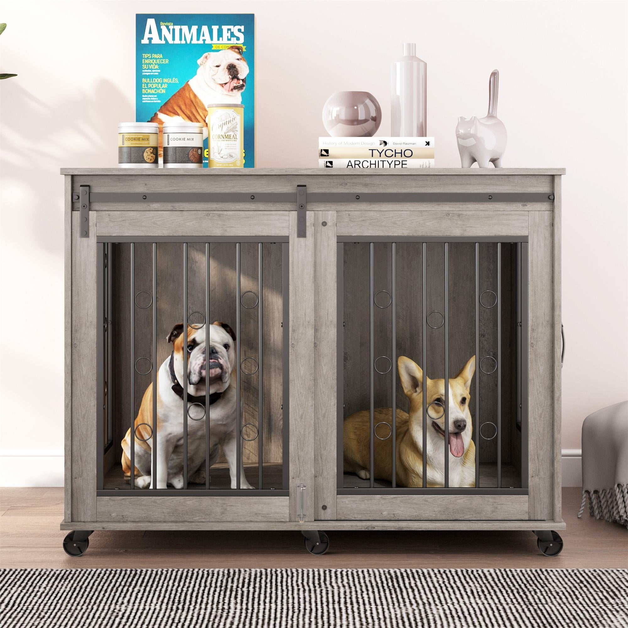Pefilos 43" Sliding Door Dog Crate with Partition for Two Puppies, Furniture Style Dog Cage with Wheels, Indoor Kennel, Gray Pefilos 43" Sliding Door Dog Crate with Partition for Two Puppies, Furniture Style Dog Cage with Wheels, Indoor Kennel, Gray