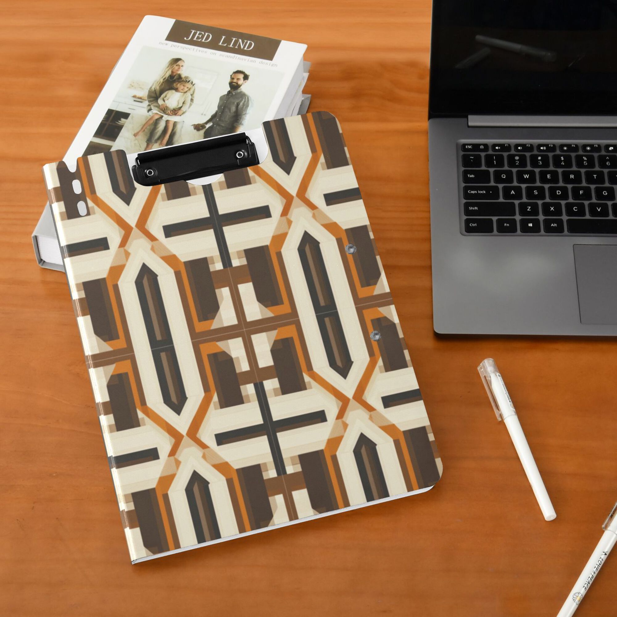 FORMRS A4 Clipboard Folder with Pen Holder Horizontal Foldable School Office Binder, Beige Geometric