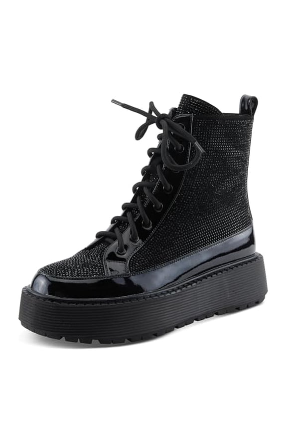 Women's LIVEWIRE Combat Boot Patent and Microsuede with Crystal Embellishments and Chunky Platform