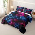 thumbnail image 3 of Castle Fairy Abstract Neon Cube Grid Bed Spread Queen 3pcs,Minimalism Glowing Square Queen Coverlet Set,Magenta Blue Black,1 Quilt and 2 Pillowcases, 3 of 7