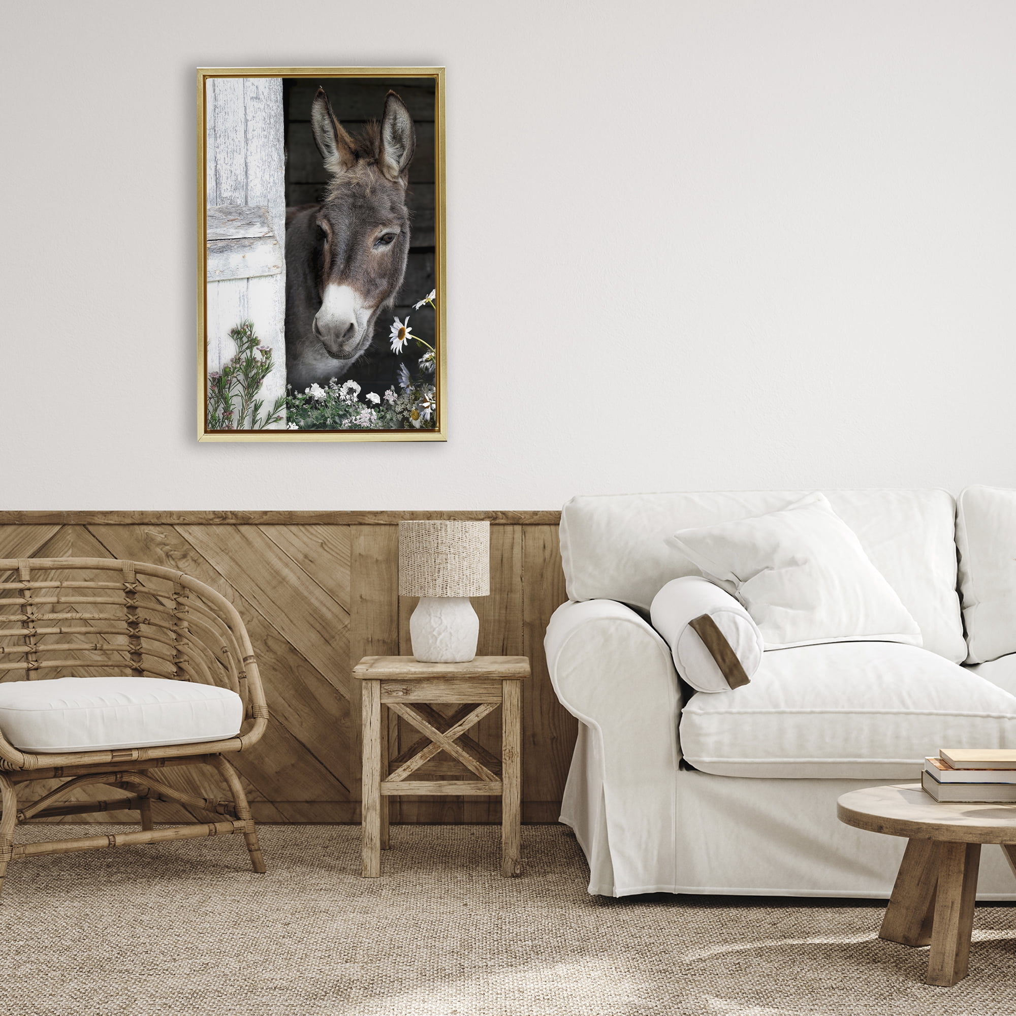 Stupell Industries Gentle Donkey Peering from Barn Gold Framed Floater Canvas Wall Art, design by CAD Designs