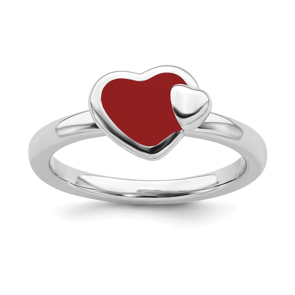 Sterling Silver Stackable Expressions Polished Pave Set CZ Red Enameled Heart Ring