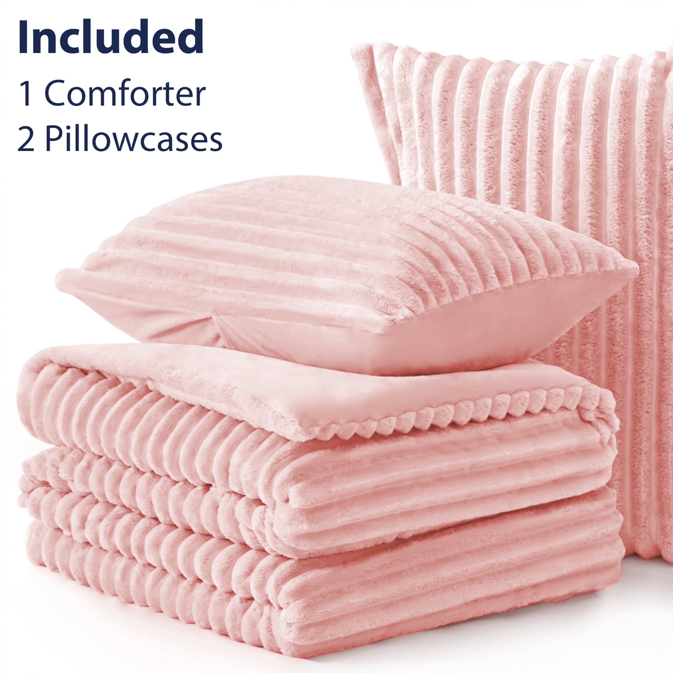 Love's cabin Fleece King Size Comforter Set 3-Piece - Super Soft Faux Fur Stripe Jacquard Bedding, 1 Warm Winter Fluffy Comforter with 2 Pillowcases, Pink
