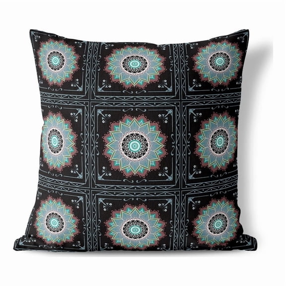 Twilight Blossom Indoor/Outdoor Pillow with Removable Cover in Black 16x16