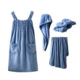 thumbnail image 2 of Mifsaly Womens 4 Piece Plush Bath Dress Set Absorbent Sleeveless Wrap Shower Robe with Pockets,Hair Towel Wrap, Dry Hair Cap & Bath Towel Blue,Free Size, 2 of 7