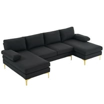 Convertible Sectional Sofa 110" U-Shape Sofa Couch 4-Seat Couch with Tufted Seat Cushion and Golden Metal Legs Linen Fabric Upholstered Modular Sofa for Living Room, Apartment, Office, Black