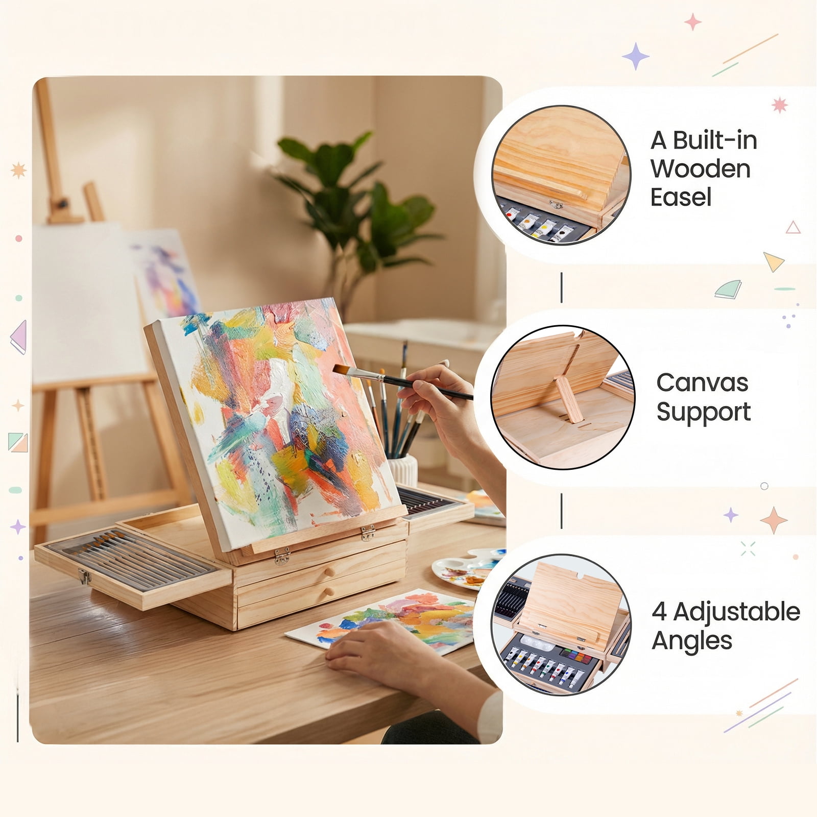 Professional Wooden Tabletop Art Easel for Painting, Acrylic Paint Set with Acrylic Paints, Sketch Pads, Brushes and Palette for Adults, Beginners, Professional, Arts