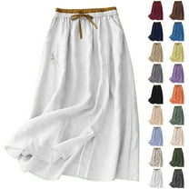 QATAINLAV Women's Vintage Patchwork Cotton Linen Maxi Skirt Loose Elastic High Waisted Swing Long Skirts with Pockets, Navy, L, Birthday Gifts