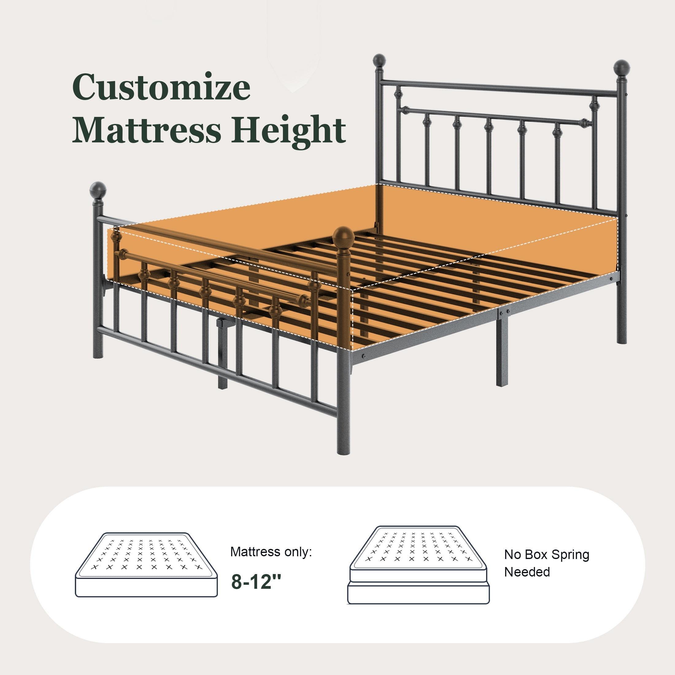 Amolife Queen Bed Frame, Metal Platform Bed Frame with Vintage Pattern Headboard, Black