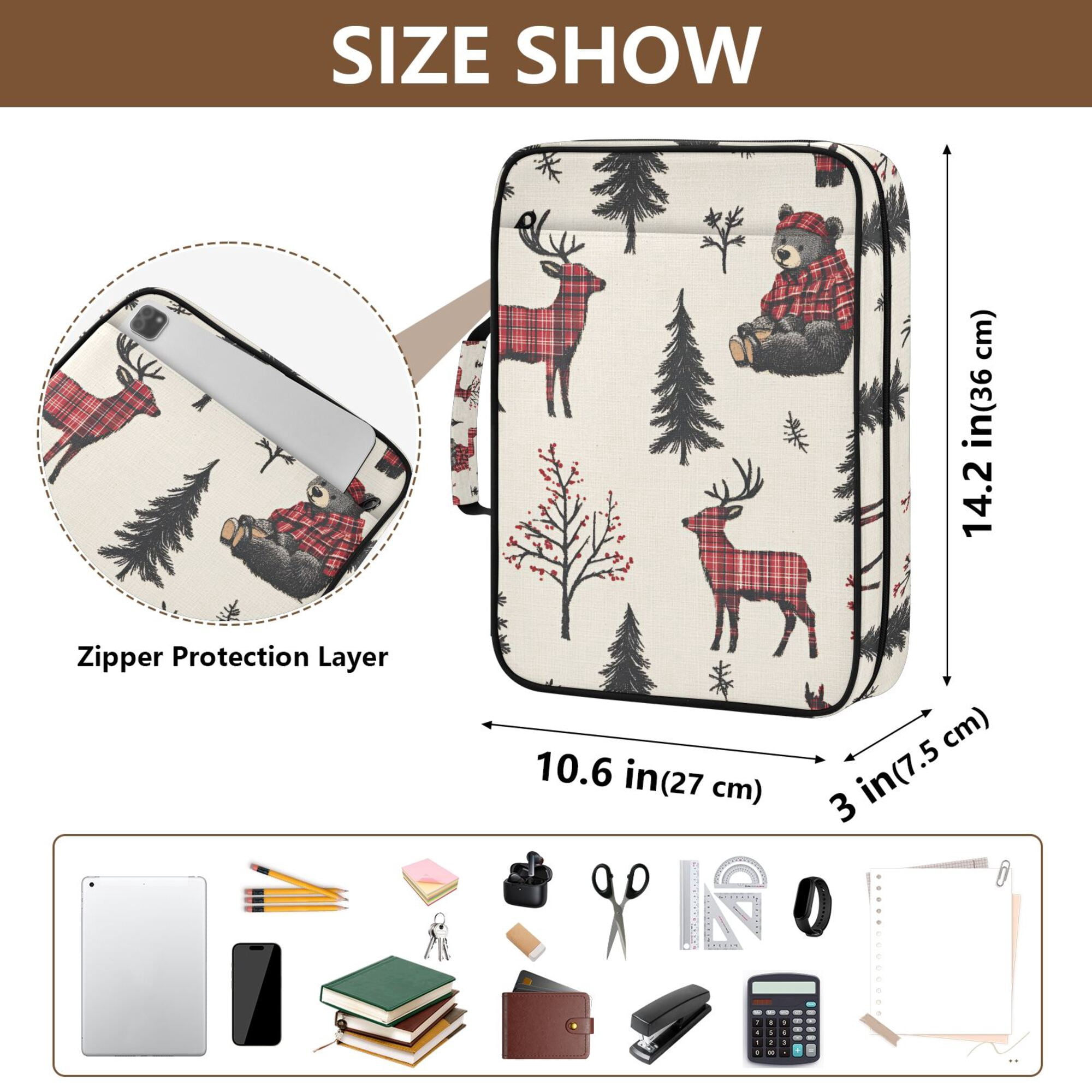 FORMRS Accordion File Folder A4 Size 7-Pocket Expanding Document Organizer Bag with 3 Ring Binder, Beige Christmas Plaid
