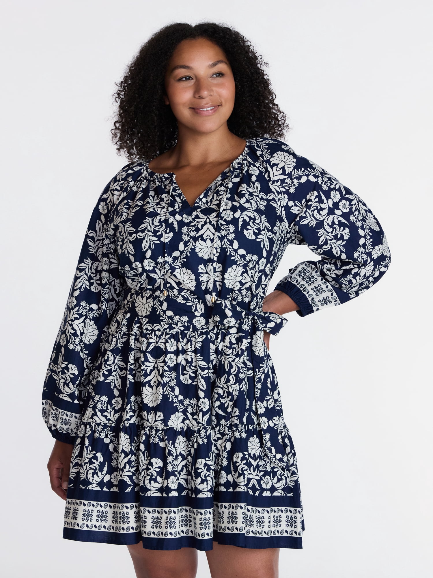 Time and Tru Women's and Women’s Plus Tie Neck Mini Peasant Dress, Sizes XS – 4X
