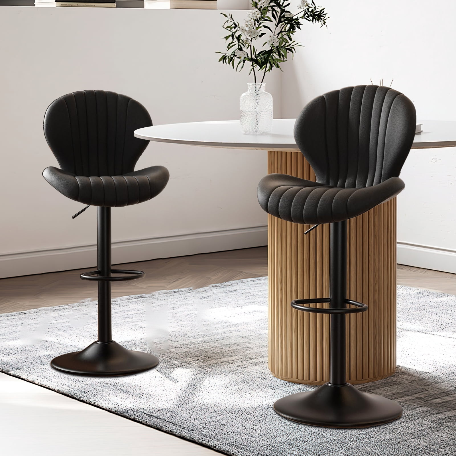 FLYSKY Bar Stools Set of 2 -Faux PU Leather Bar Chairs with Back, Adjustable Swivel Bar Stool, Black