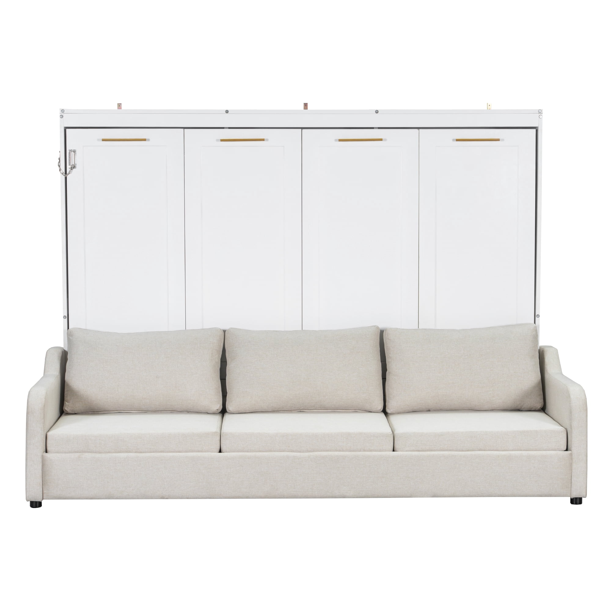 Queen Size Murphy Cabinet Bed with Folding Sofa, Built-in Storage Shelves and LED Light, Beige