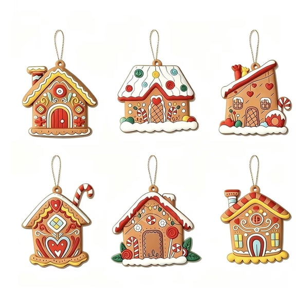 Gingerbread House Christmas Ornaments Set Of 6 PVC Tree Decorations with Hanging Strings