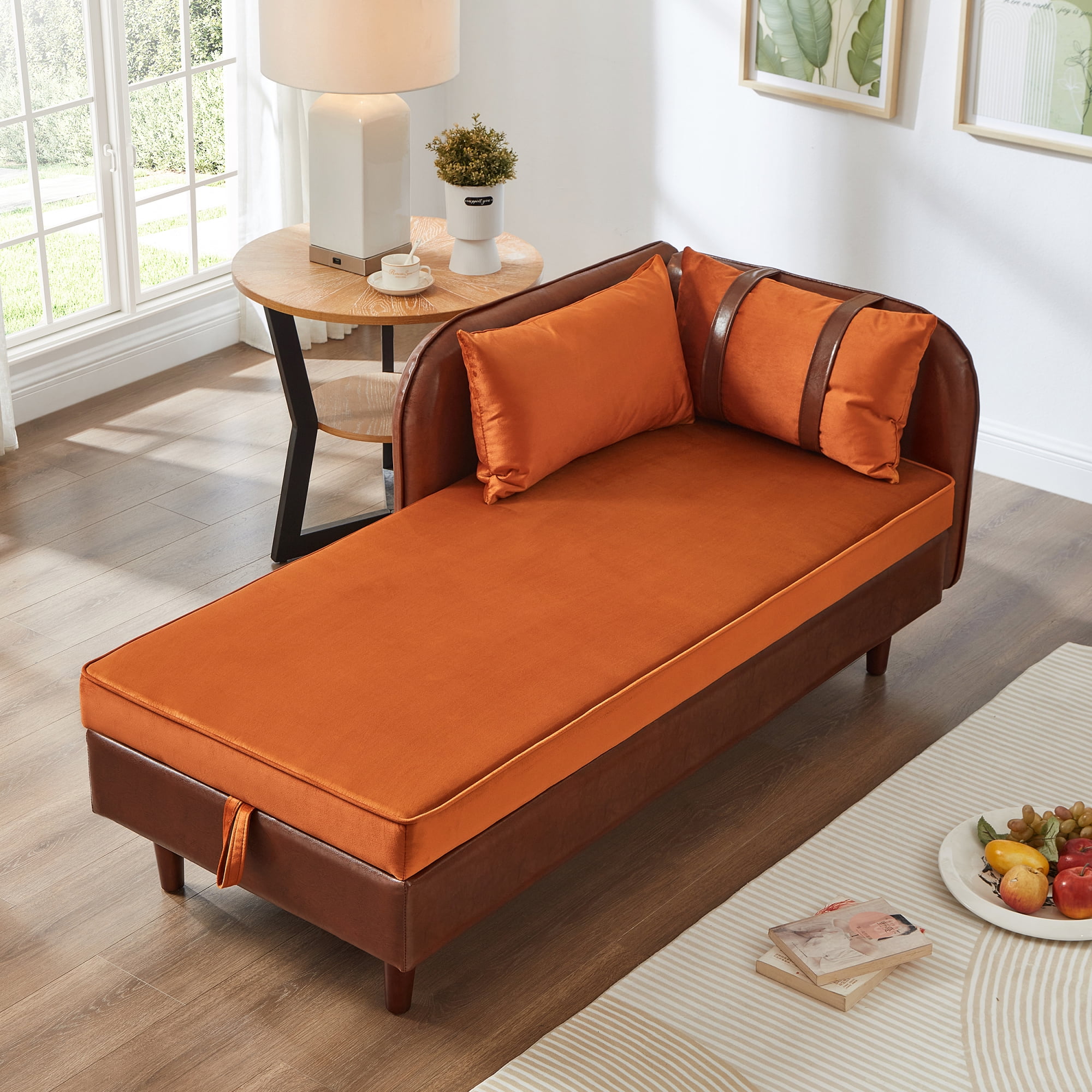 Leumius 65" Chaise Lounge Indoor,PU Leather Velvet Lounge Chair Sofa with Storage and 2 Pillows,Orange+Dark Brown