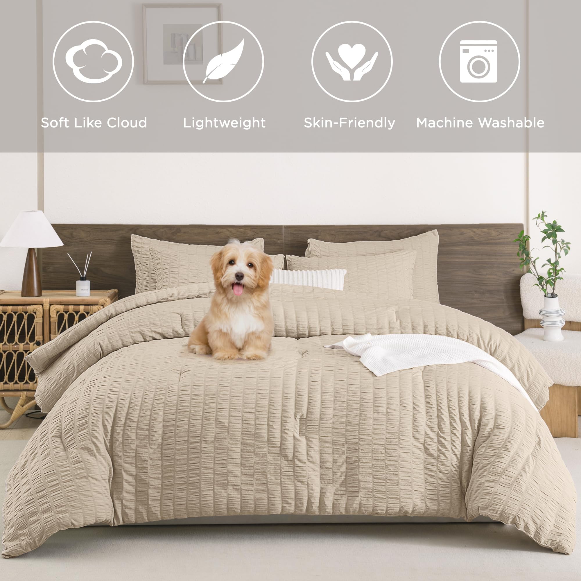 ANGENIA King Size Comforter Set Khaki, 3 Pieces Seersucker Textured Bedding Comforter Sets, Lightweight Microfiber Down Alternative Bed Set for Women Men (104"x 90" Comforter & 2 Pillowcases)