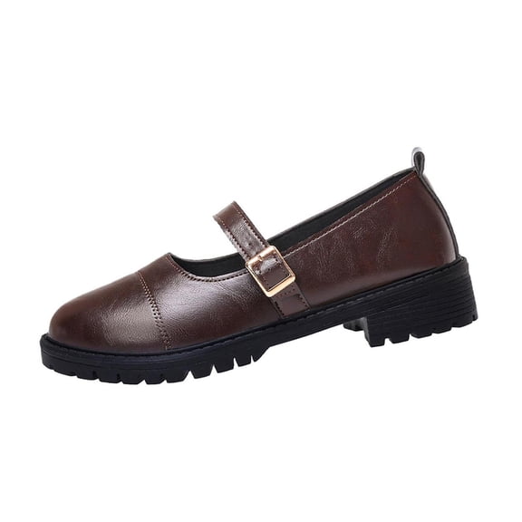 Avrnliq Brown Womens Mary Jane Platform Shoes Chunky Sole Loafers with Adjustable Buckle, Comfortable Cushioned Walking Shoes for Women, Casual Versatile Synthetic Flat,Size 37