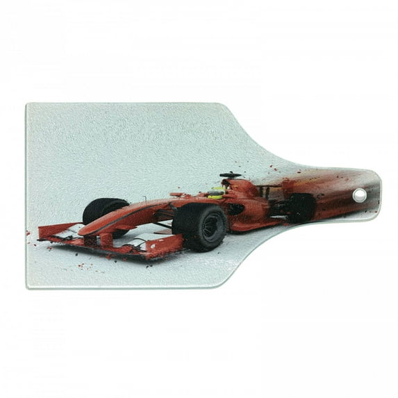 Cars Cutting Board, Generic Formula Racing Car Illustration with Special Effect Turbo Motion Auto Print, Tempered Glass Cutting and Serving Board, Wine Bottle Shape, Black and Red, by Ambesonne