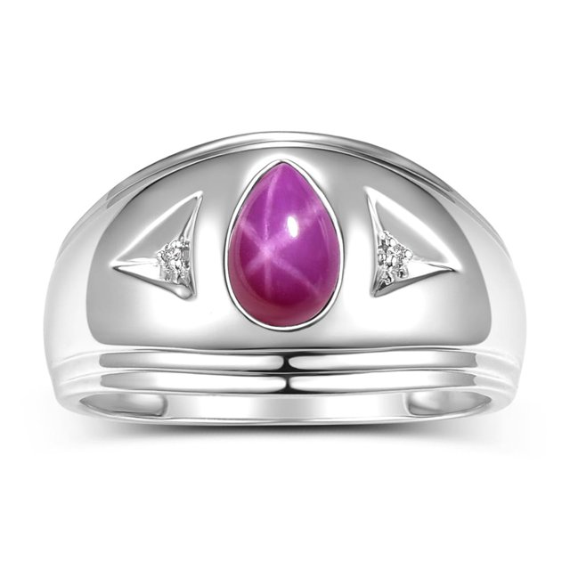 RYLOS Men's Rings 14K White Gold Pear Shape Tear Drop Cabochon Gemstone & Diamond Rings; Star Ruby Size 8