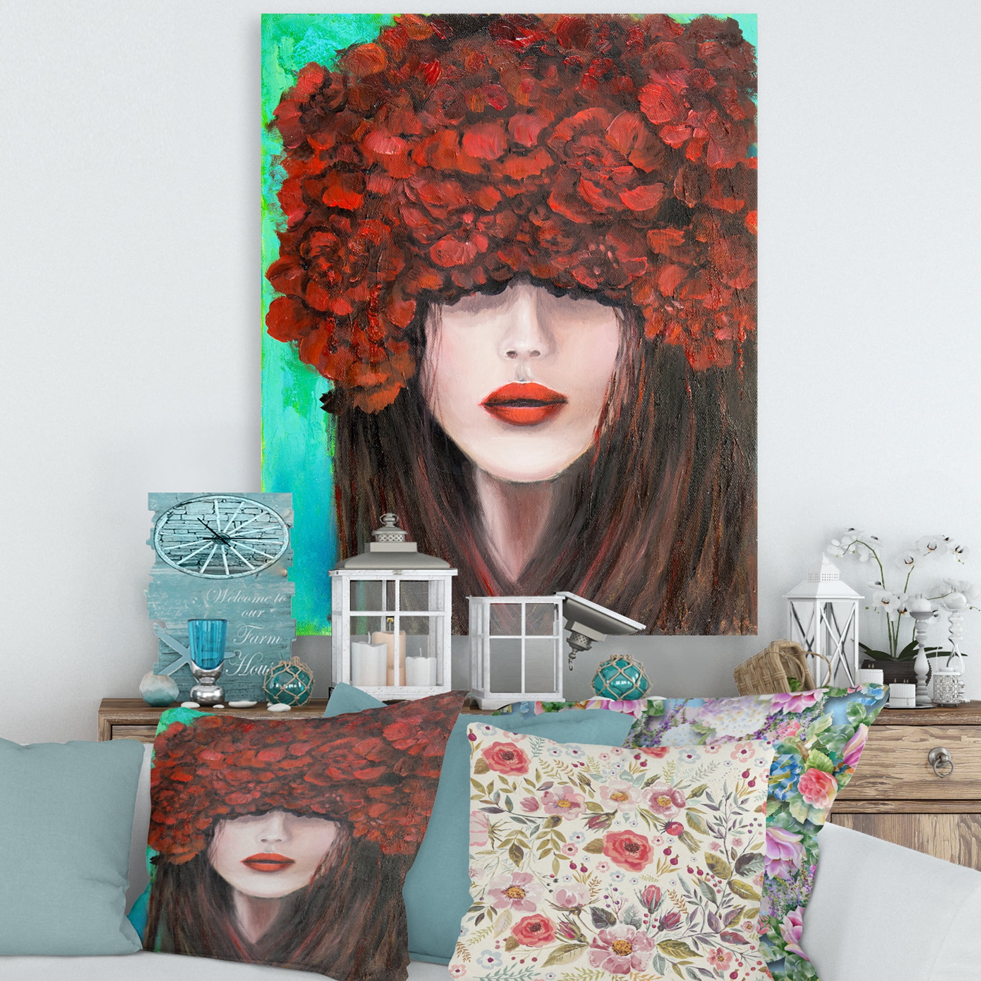 Designart ' Portrait Of A Young Lady With Red Flowers ' Modern Canvas Wall Art Print