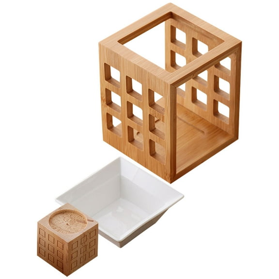 WRITWAA Wooden Tealight Candle Holder with Light Brown Ceramic Burner for Home Decor and Aromatherapy