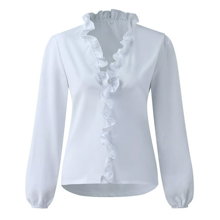 Bidobibo 3/4 Sleeve Tops V Neck Blouse for Women Casual Swiss Dot Tops Loose Ruffle Puff Sleeves Shirts Tunic Top Blouses