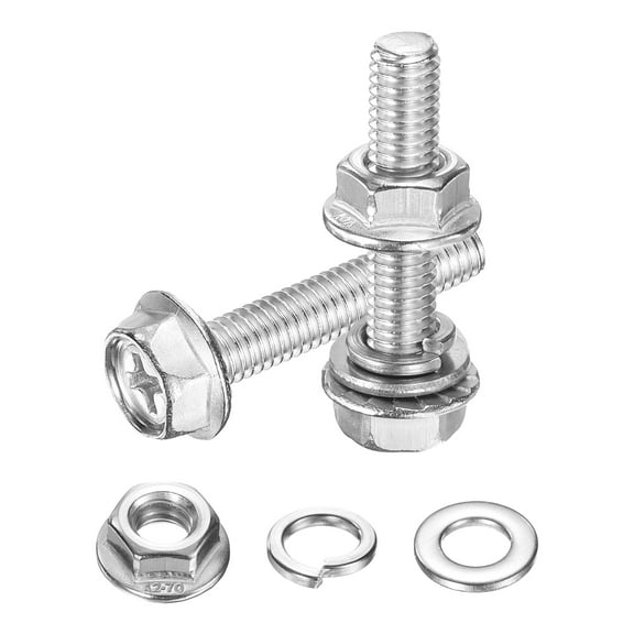 M6 x 30mm 10Pcs Flanged Hex Head Bolts with Nuts, Flat & Lock Washers, Silver