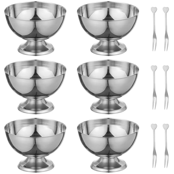 6 PCS Stainless Steel Salad Bowls, Ice Cream Cups, Fruit Bowls Set with 6 Heart-Shaped Forks, 200 ML Capacity, Modern Silver Design for Desserts, Snacks, and More