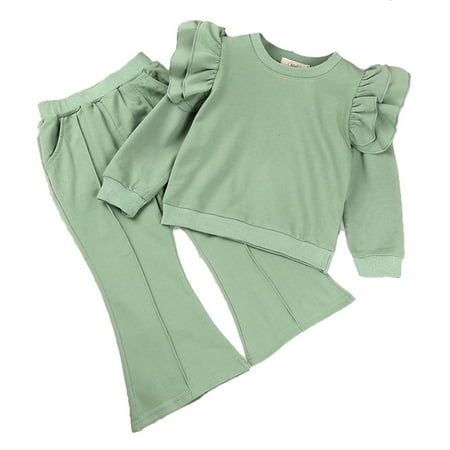 

Lovely Casual Sets For Children Girls Solid Color Short Sleeve Infant Tops Sweatshirt Bell Bottomed Flare Pants Outfits 2PCS Dailywears Comfortable Loose Fittness Sets