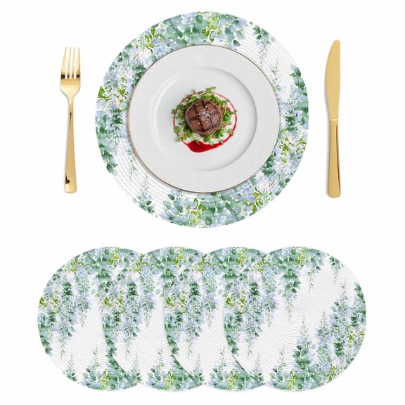 Sage Green Wisteria Round 15 Inch Placemats Set of 4, Sprinng Summer Pastoral Botanical HeatResistant Non Slip Place Mats for Dining Table, Wipeable Braided Kitchen Table Mats for Housewarming