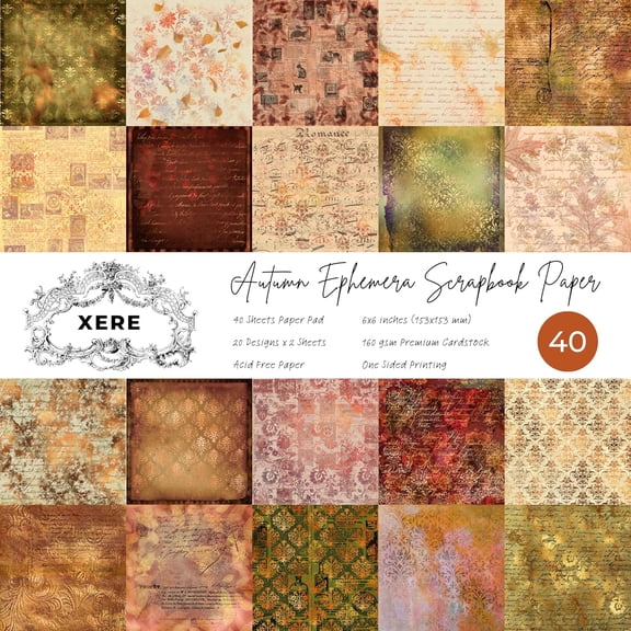 40 Sheets Autumn Scrapbook Paper, 6x6 Ephemera Pattern Paper Pack for Journaling Notebooks, Sketchbook, Bookmark Making, Junk Journal, Fall Scrapbook Art Supplies